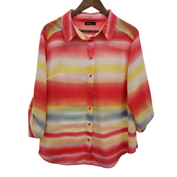ALYX Womens Button Up Colorful Striped Sheer Blouse Top Size L Roll Tab Sleeve - Picture 3 of 13